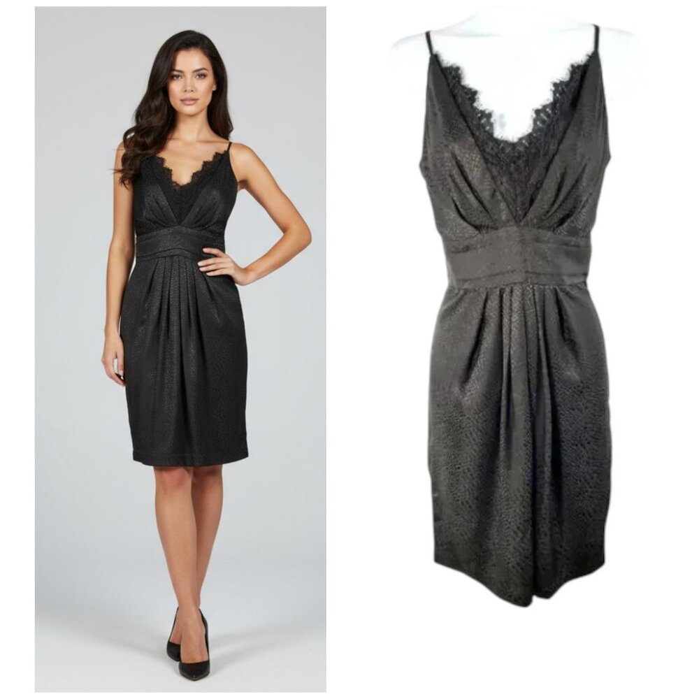 Kenar Silk Spaghetti Strap Dress Women's Sz 6 Black Eyelash Lace V Neck Pleated